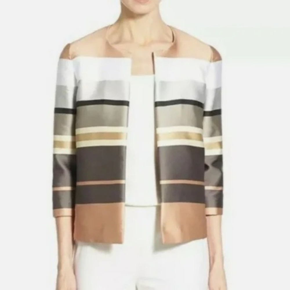 Lafayette 148 Leo striped silk blend open minimalist neutral jacket size L